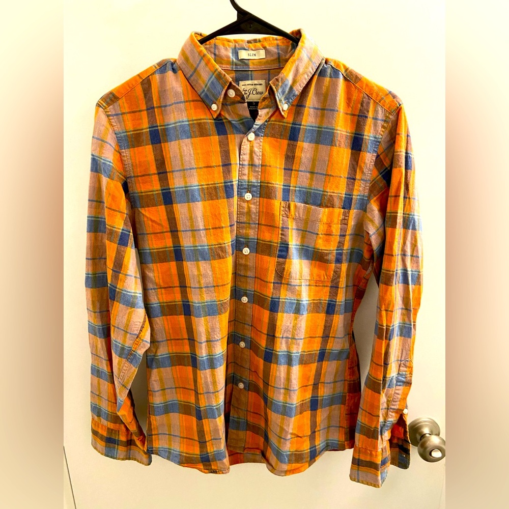 J. Crew men’s secret wash orange plaid shirt (slim, S)